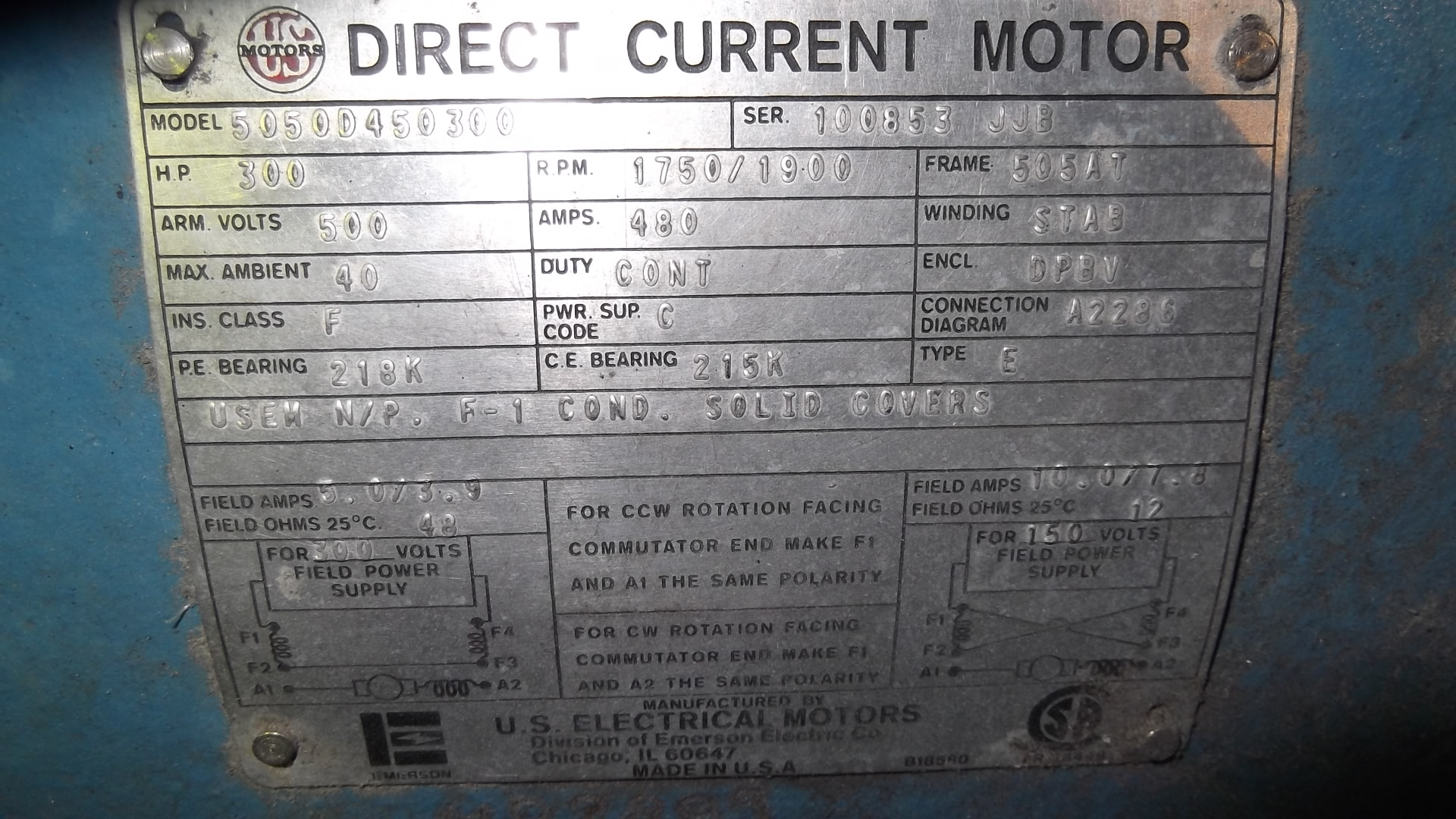 US Electric 300 HP 1750/1900 RPM 505AT DC Motor