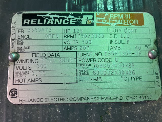 Reliance 125 HP 1750/2000 RPM B369ATZ DC Motors 83038