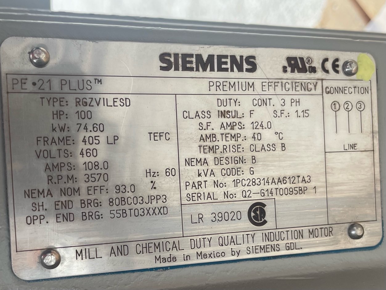 Siemens 100 HP 3570 RPM 405LP Vertical Motors 88298