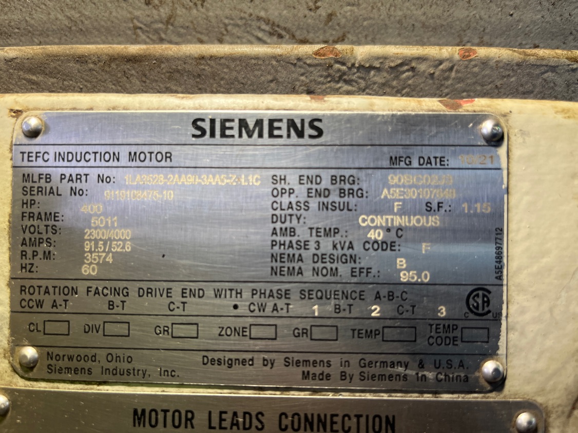 Siemens 400 HP 3600 RPM 5011 Squirrel Cage Motors 90326