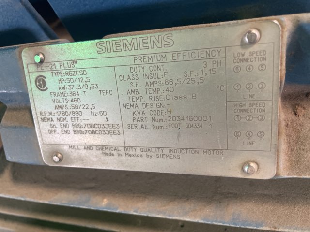 Siemens 50 HP 1780 RPM 364T Multi Speed Motors 90377