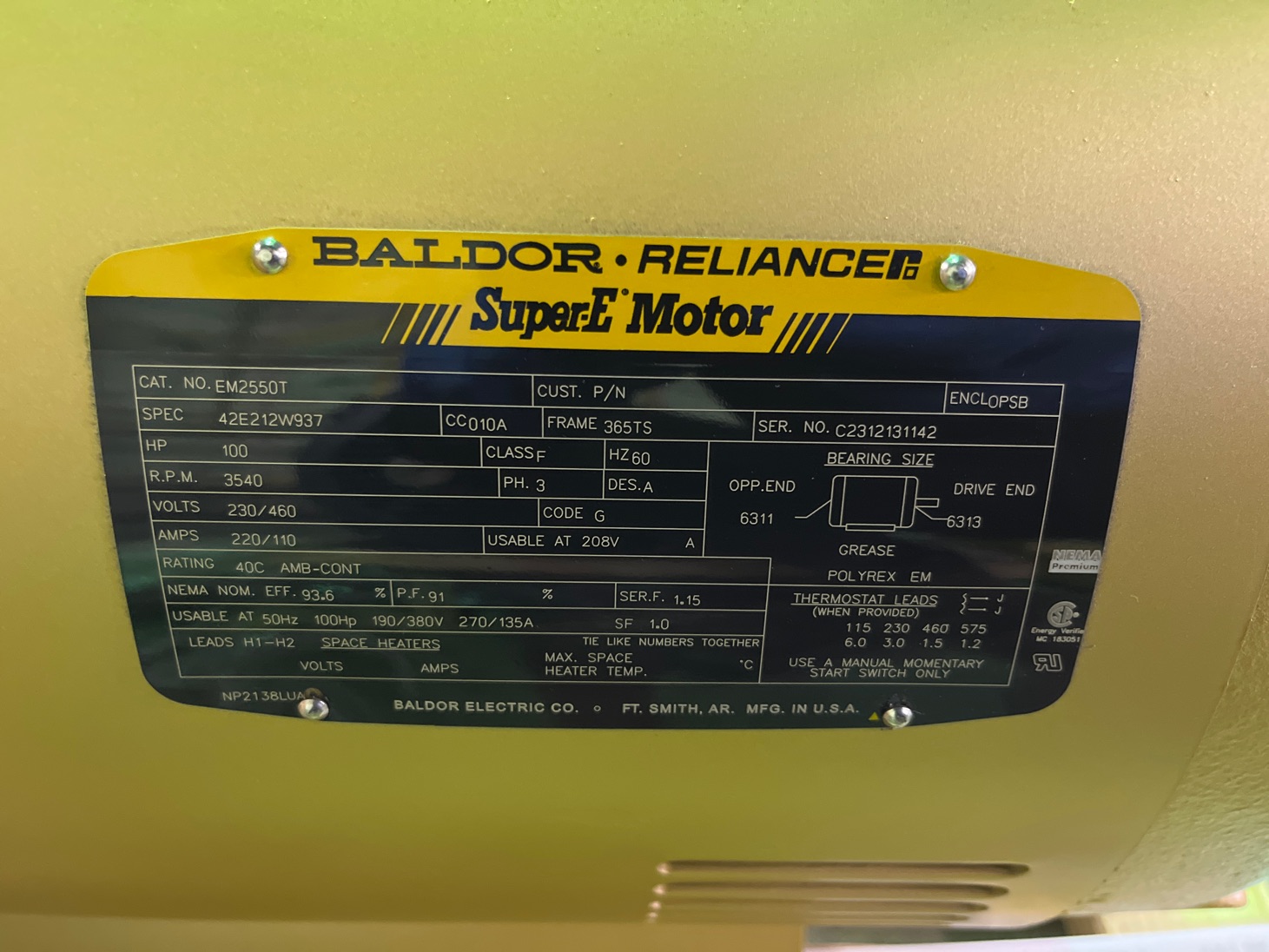 Baldor-Reliance 100 HP 3600 RPM 365TS Squirrel Cage Motors 90404