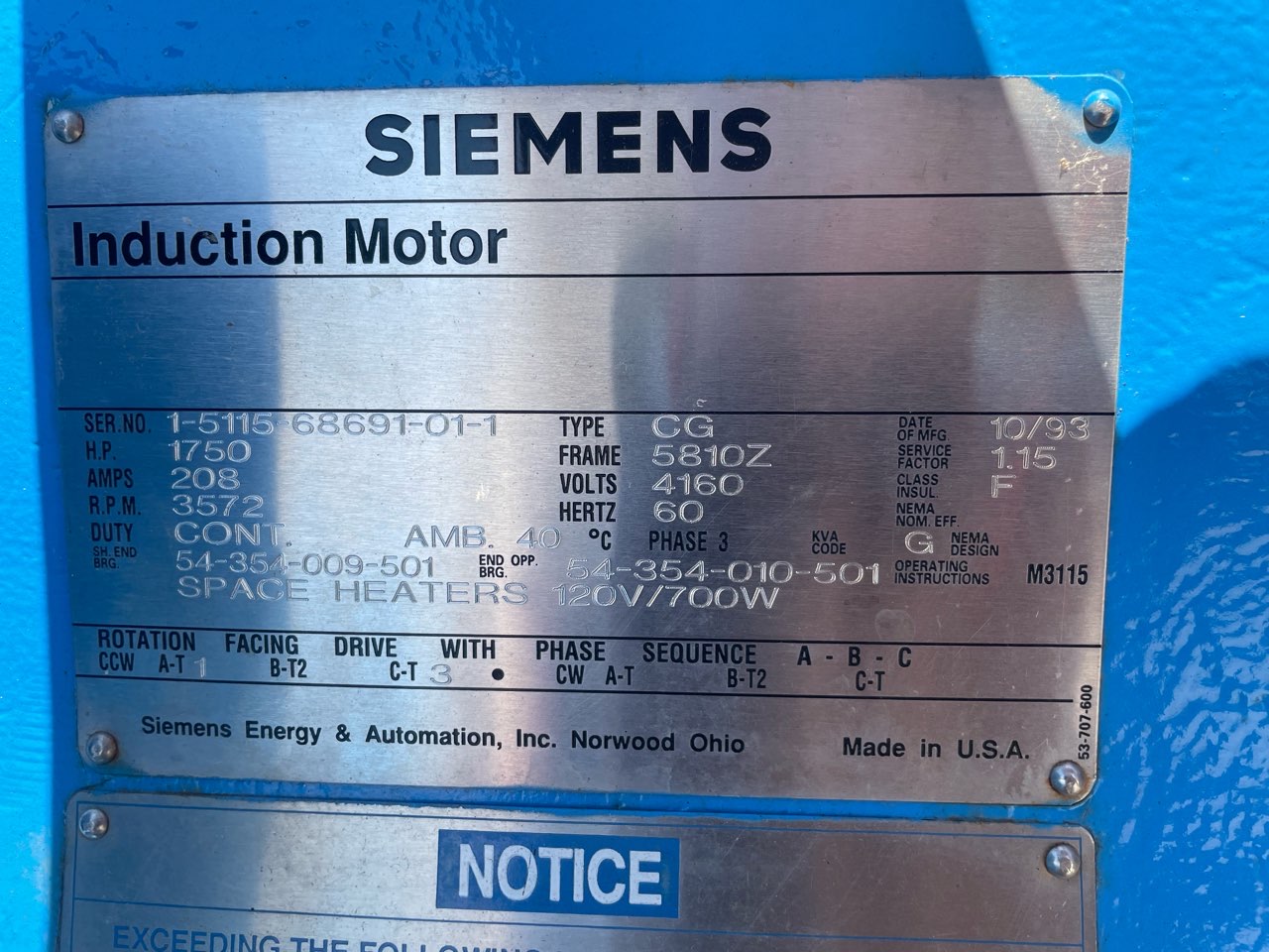 Siemens 1750 HP 3600 RPM 5810Z Squirrel Cage Motors 90412