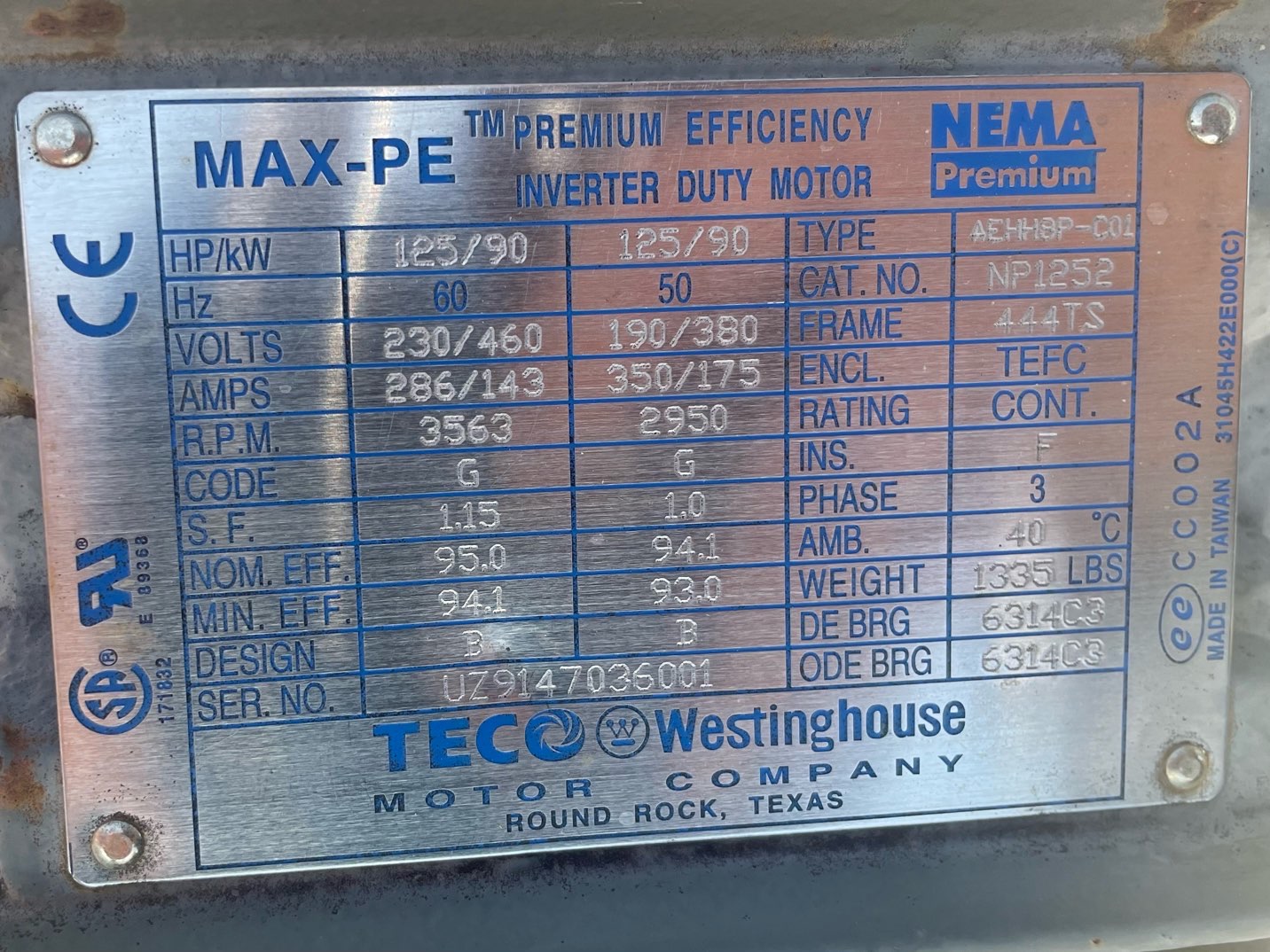 Teco Westinghouse 125 HP 3600 RPM 444TS Squirrel Cage Motors 90424