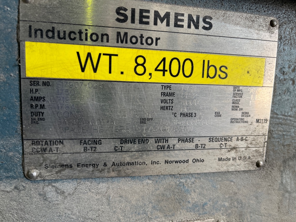 Siemens 1750 HP 1800 RPM 5812 Squirrel Cage Motors 90458