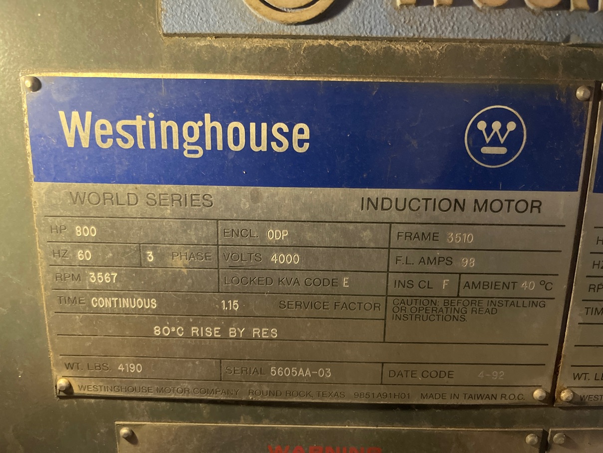 Westinghouse 800 HP 3600 RPM 3510 Squirrel Cage Motors 90516