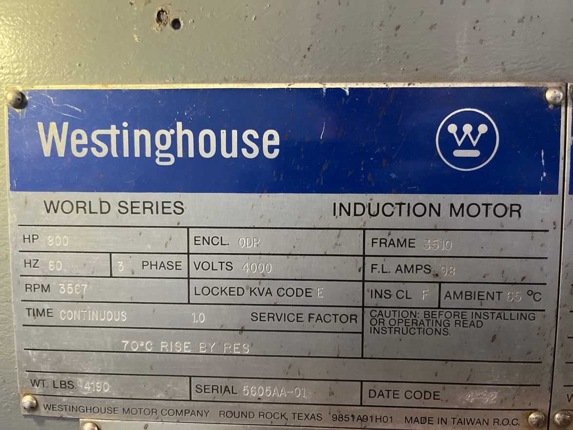 Westinghouse 800 HP 3600 RPM 3510 Squirrel Cage Motors 90517