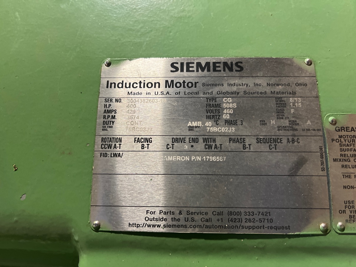 Siemens 400 HP 3600 RPM 508S Squirrel Cage Motors 90528