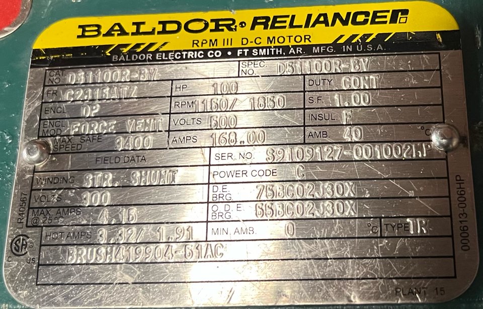 Baldor-Reliance 100 HP 1150/1850 RPM C2815ATZ DC Motors 90607