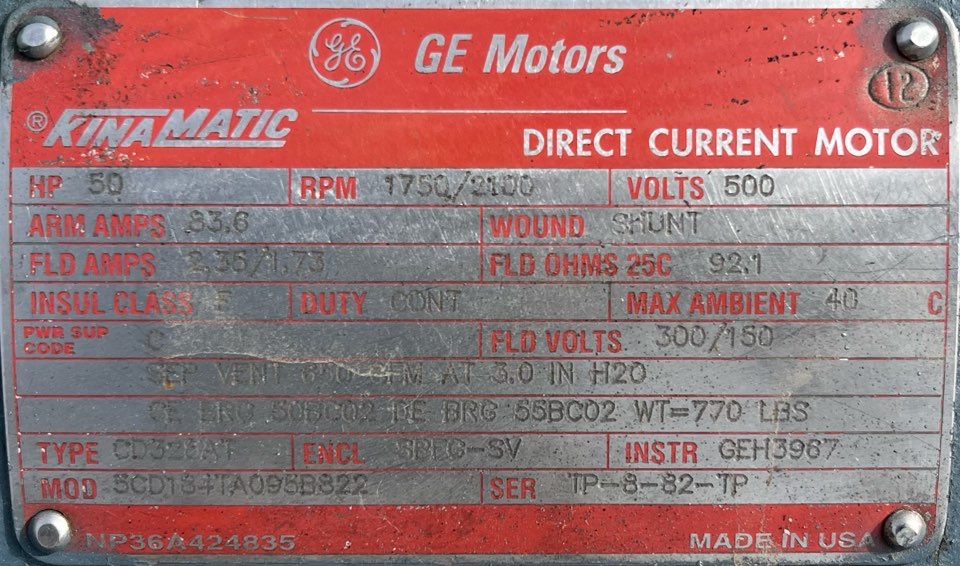 General Electric 50 HP 1750/2100 RPM 328AT DC Motors 90611