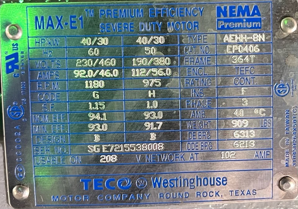 Teco Westinghouse 40 HP 1200 RPM 364T Squirrel Cage Motors 90625