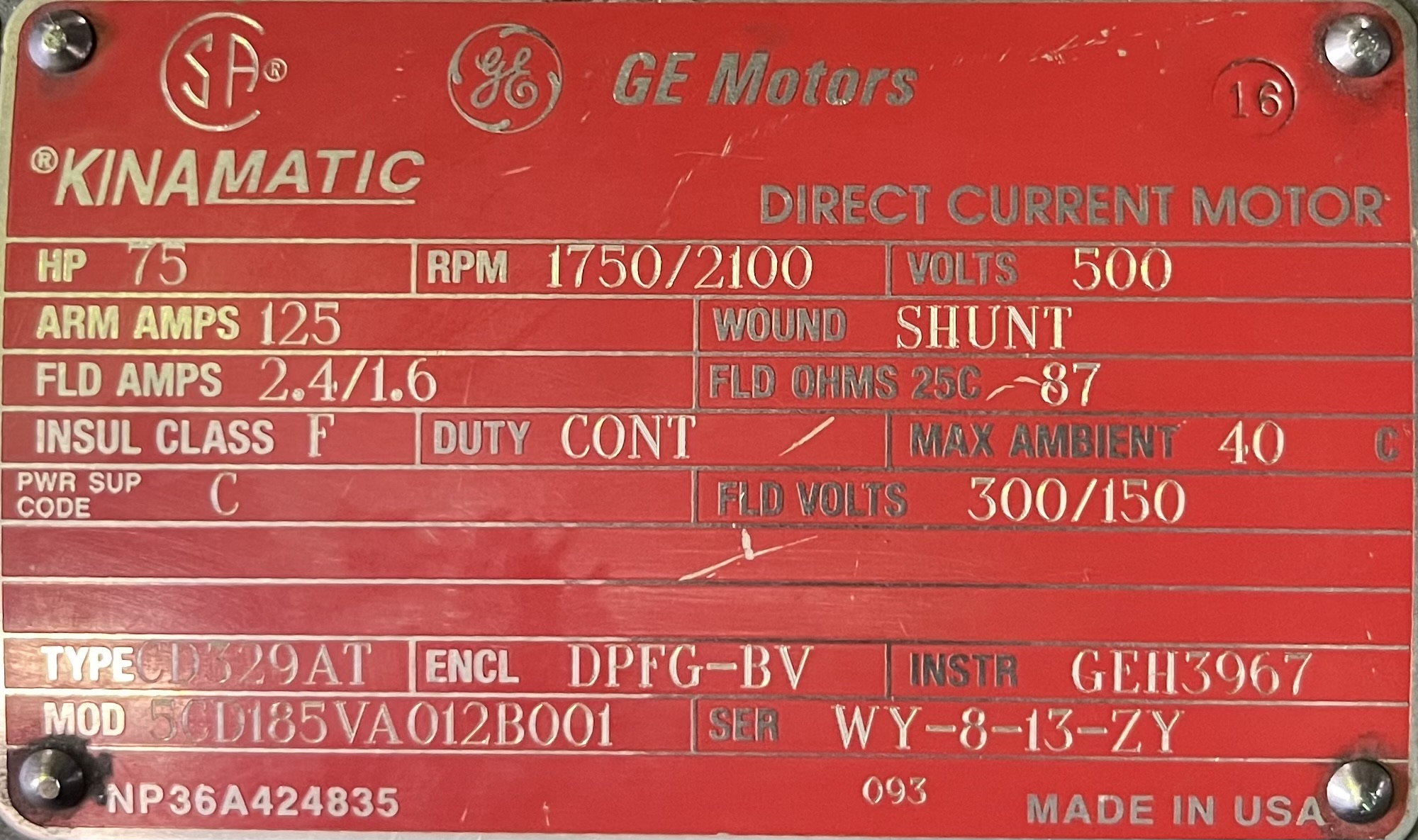 General Electric 75 HP 1750/2100 RPM 329AT DC Motors 90658