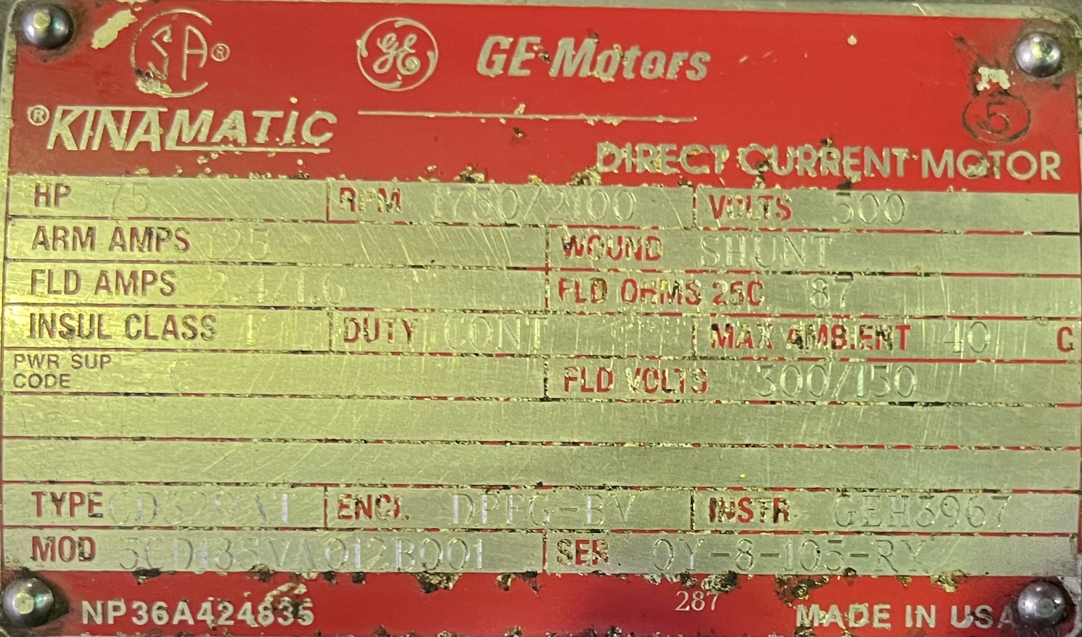 General Electric 75 HP 1750/2100 RPM 329AT DC Motors 90663