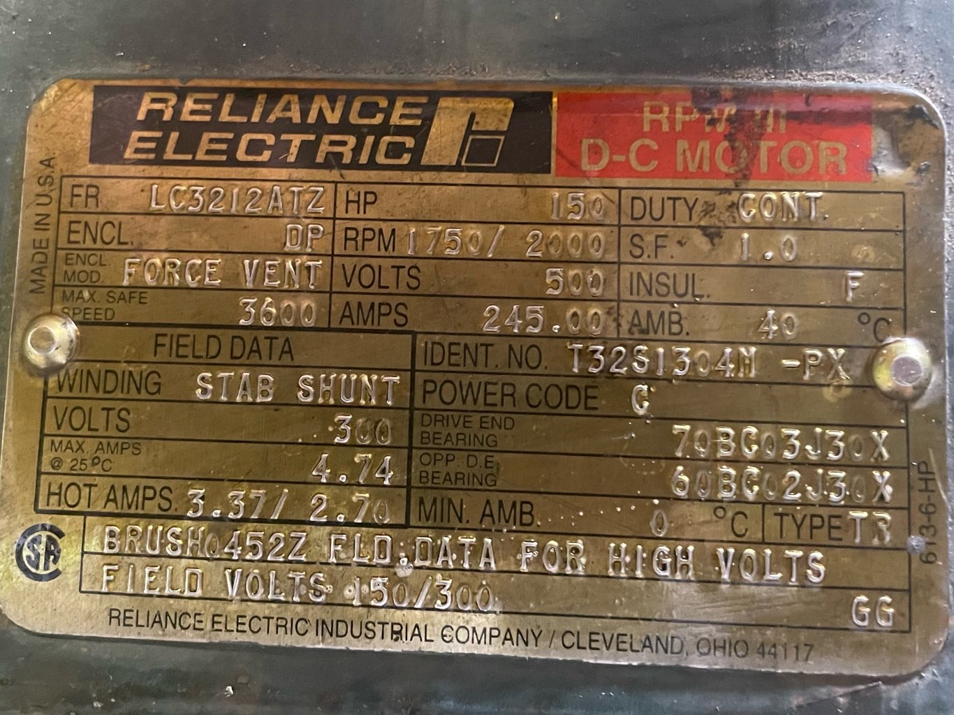 Reliance 150 HP 1750/2000 RPM LC3212ATZ DC Motors 90668