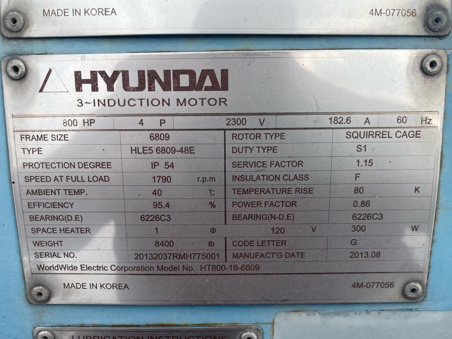 Hyundai 800 HP 1800 RPM 6809 Squirrel Cage Motors 90706