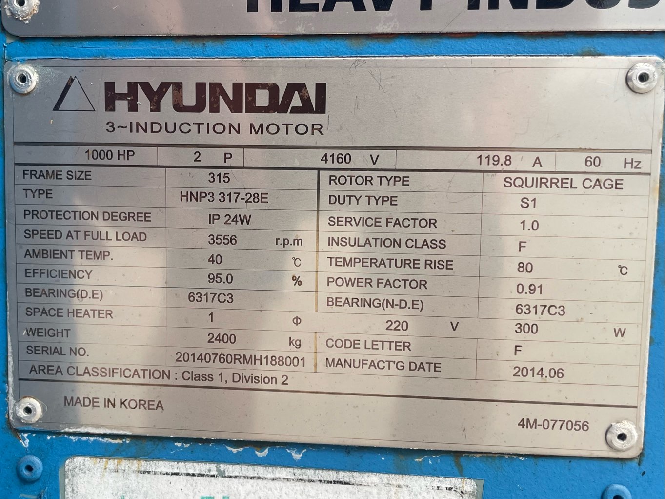 Hyundai 1000 HP 3600 RPM 315 Squirrel Cage Motors 90707