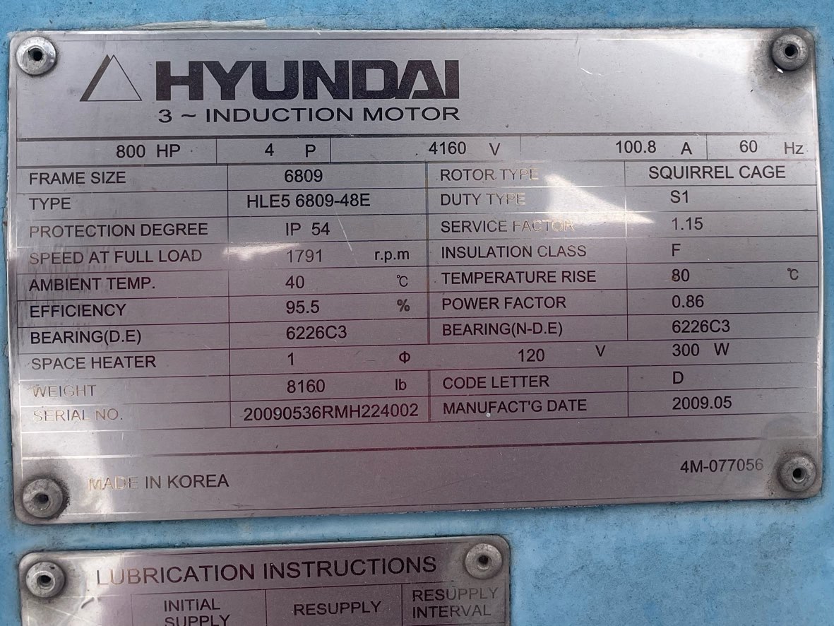 Hyundai 800 HP 1800 RPM 6809 Squirrel Cage Motors 90709