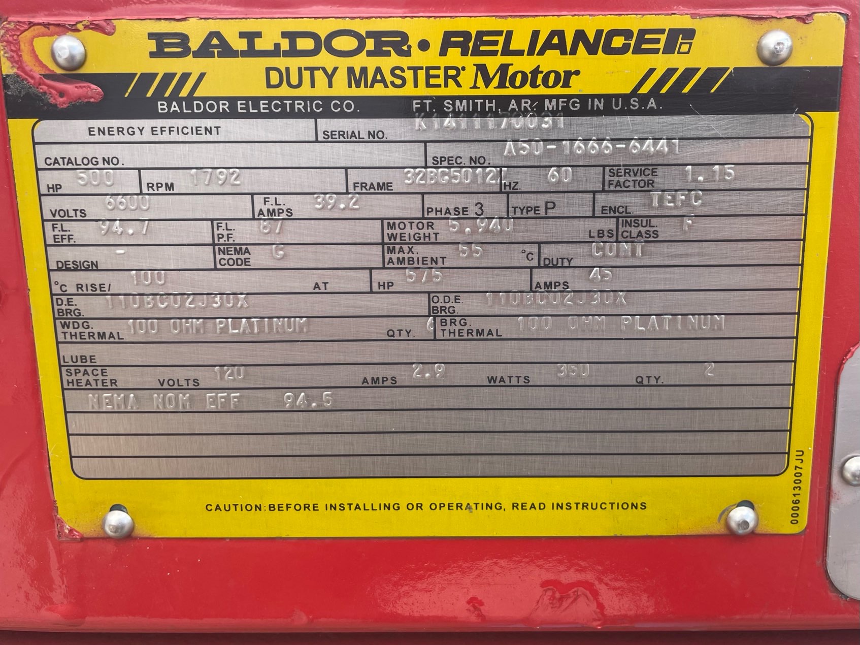 Baldor-Reliance 500 HP 1800 RPM 5012Z Squirrel Cage Motors 90724