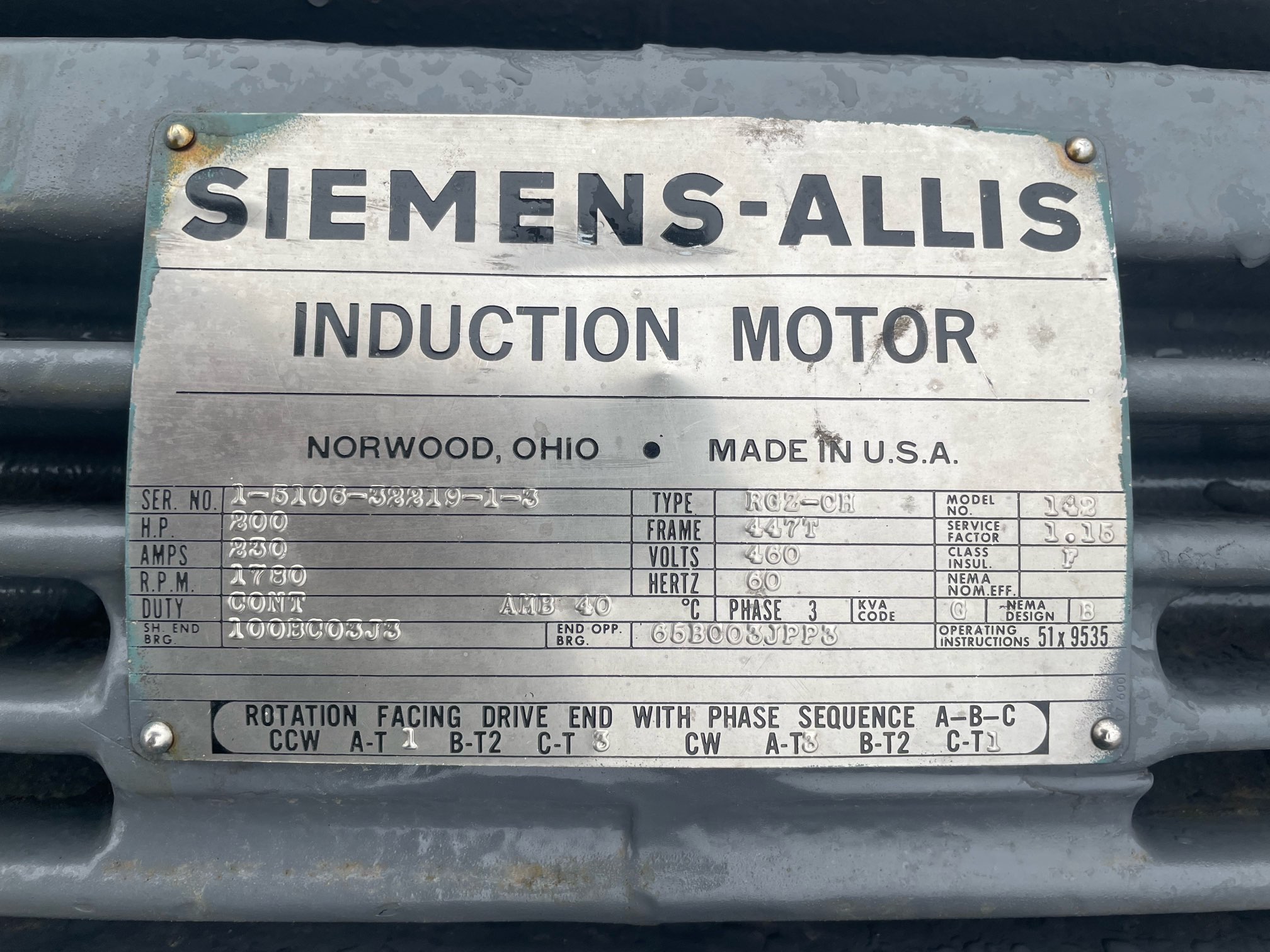 Siemens-Allis 200 HP 1800 RPM 447T Squirrel Cage Motors 90740