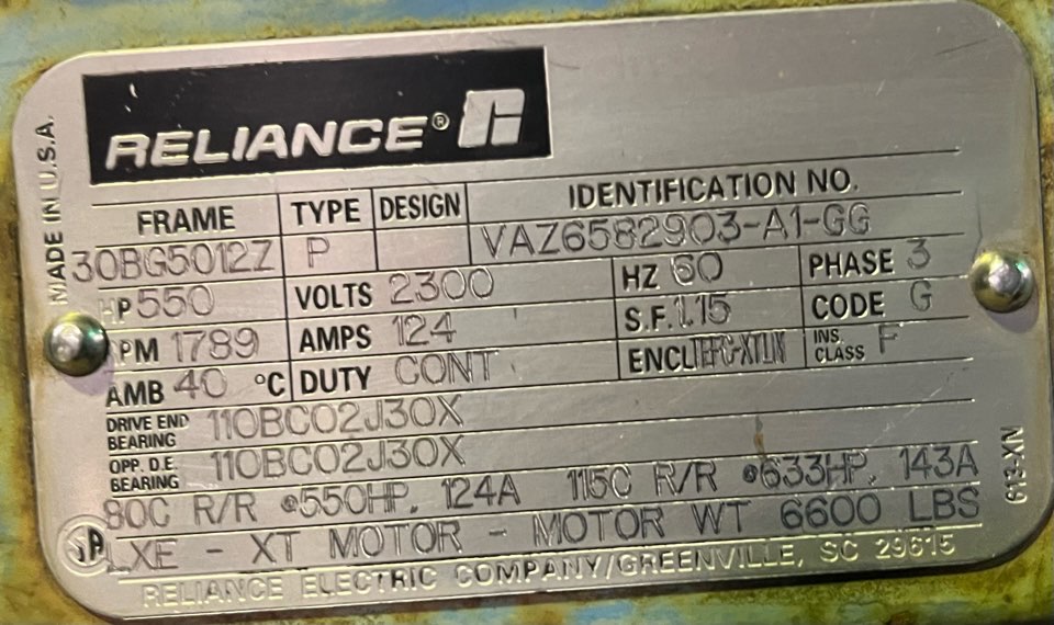 Reliance 600 HP 1800 RPM 5012Z Squirrel Cage Motors 90758