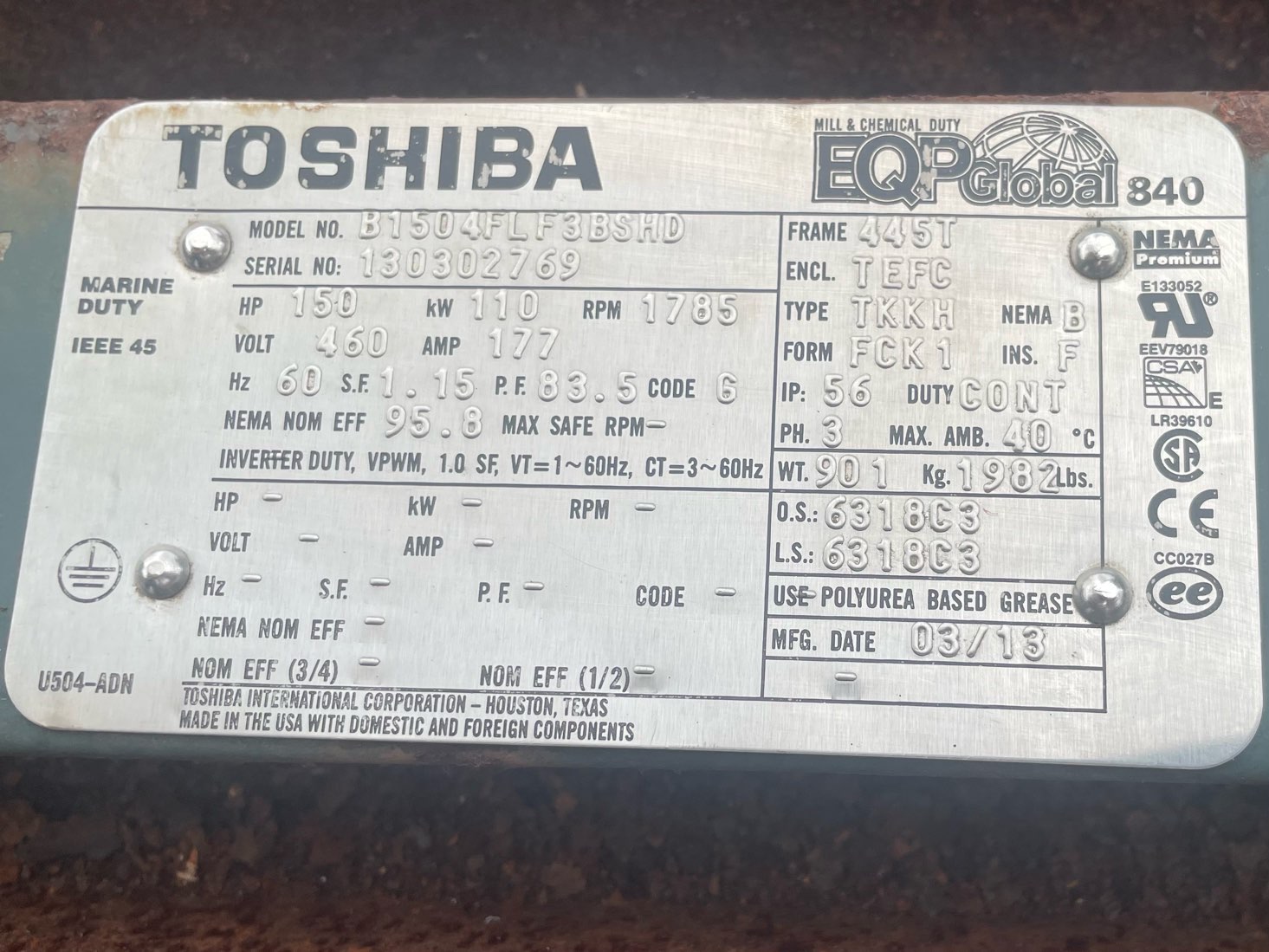 Toshiba 150 HP 1800 RPM 445T Squirrel Cage Motors 90776