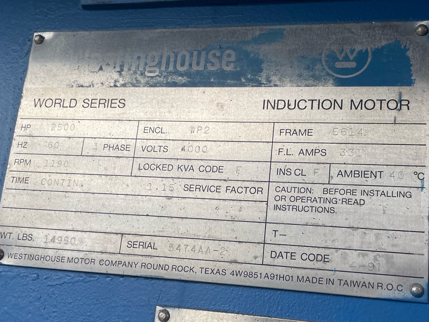 Westinghouse 2500 HP 1200 RPM 5614 Squirrel Cage Motors 90796