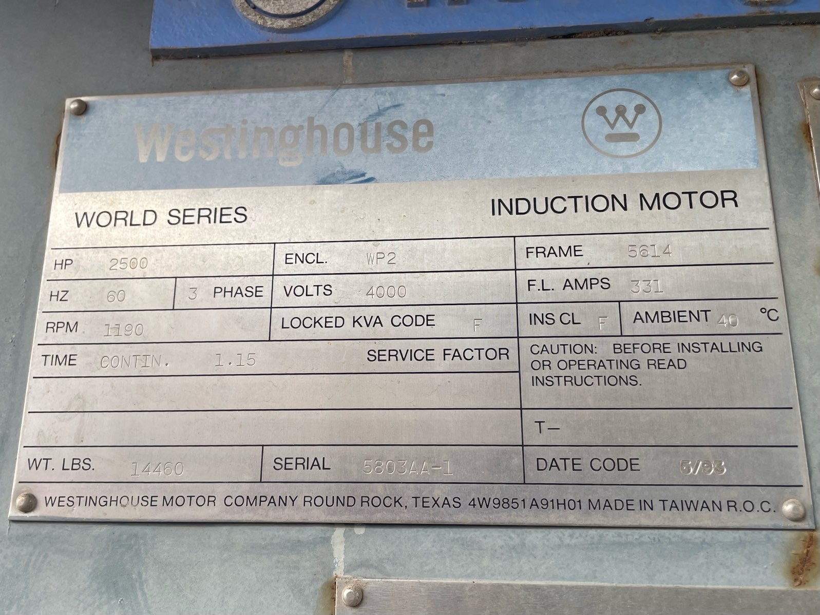 Westinghouse 2500 HP 1200 RPM 5614 Squirrel Cage Motors 90829