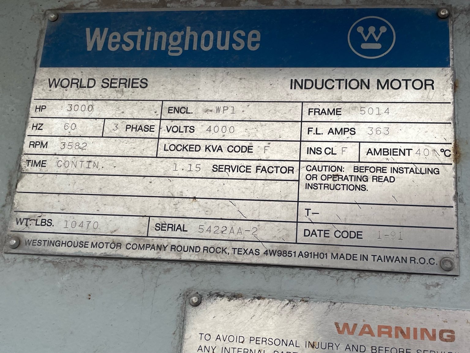 Westinghouse 3000 HP 3600 RPM 5014 Squirrel Cage Motors 90831