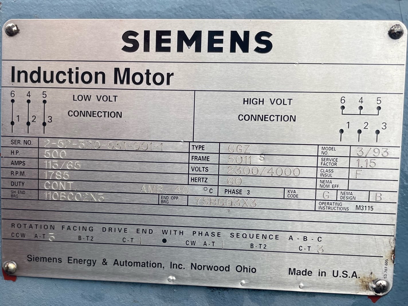 Siemens 500 HP 1800 RPM 5011S Squirrel Cage Motors 90835