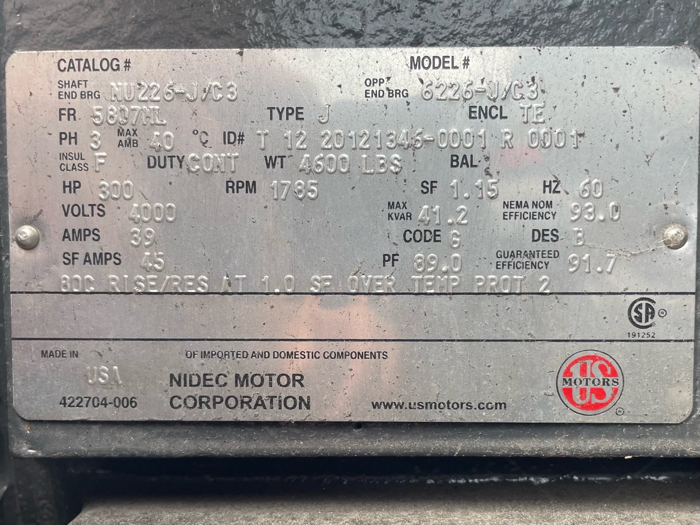 US Electric 300 HP 1800 RPM 5807ML Squirrel Cage Motors 90836