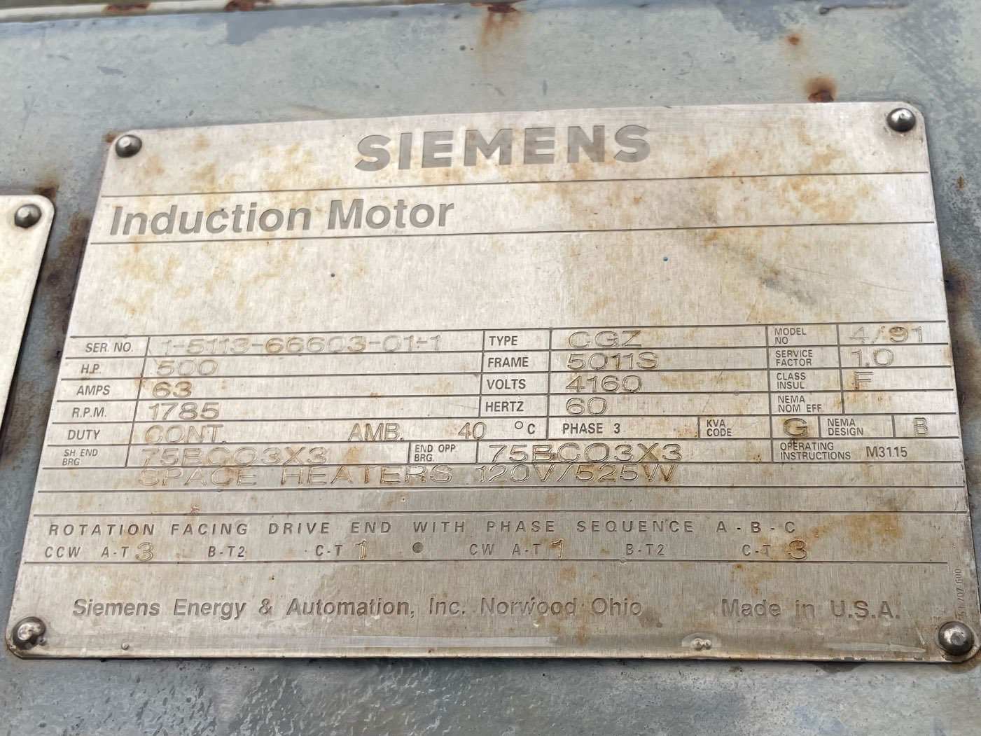 Siemens 500 HP 1800 RPM 5011S Squirrel Cage Motors 90837