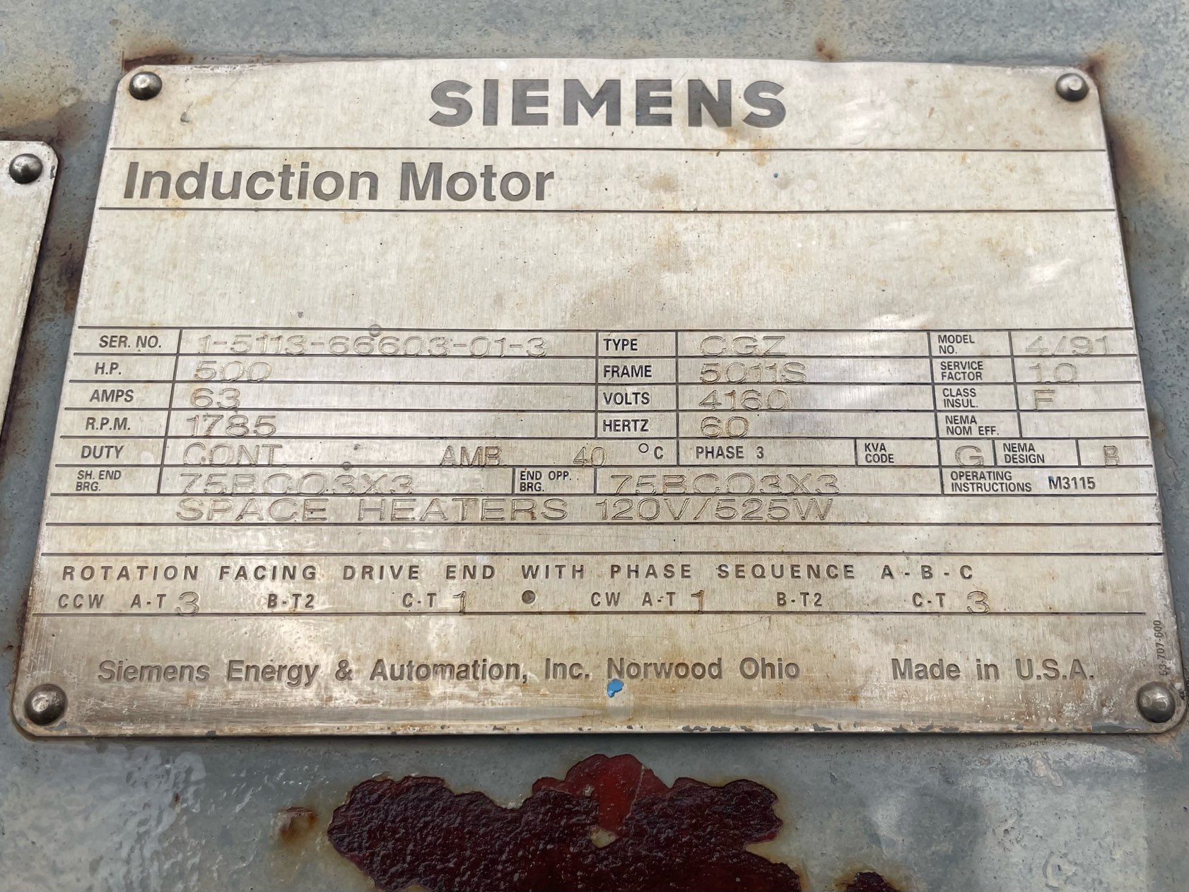 Siemens 500 HP 1800 RPM 5011S Squirrel Cage Motors 90838