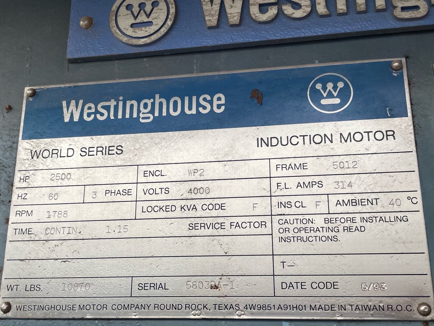 Westinghouse 2500 HP 1800 RPM 5012 Squirrel Cage Motors 90840