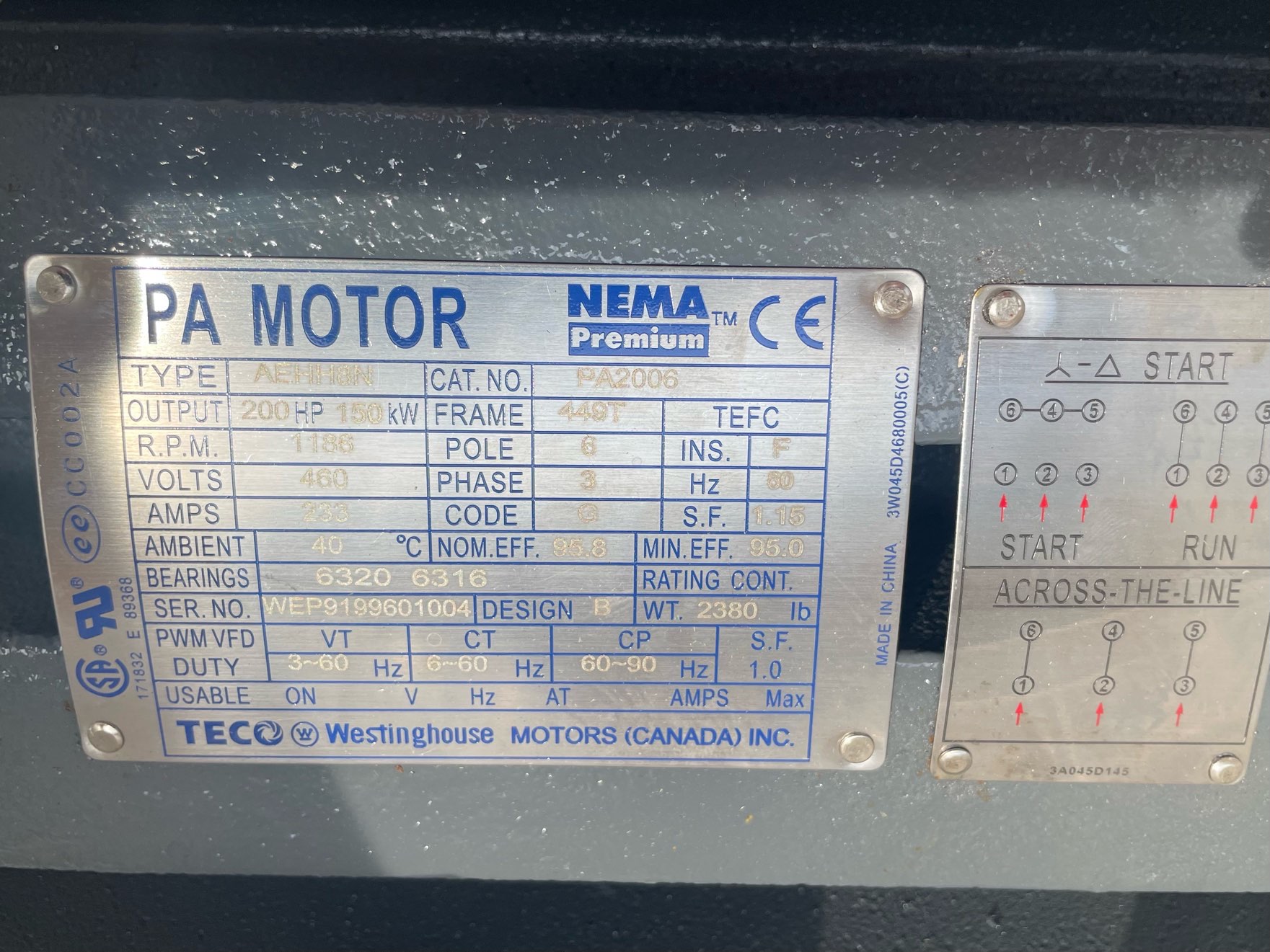 Teco Westinghouse 200 HP 1200 RPM 449T Squirrel Cage Motors 90857