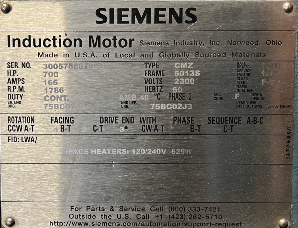 Siemens 700 HP 1800 RPM 5013S Squirrel Cage Motors 90867