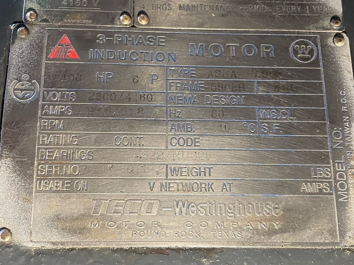 Teco Westinghouse 400 HP 1200 RPM 5808BZ Squirrel Cage Motors 90869