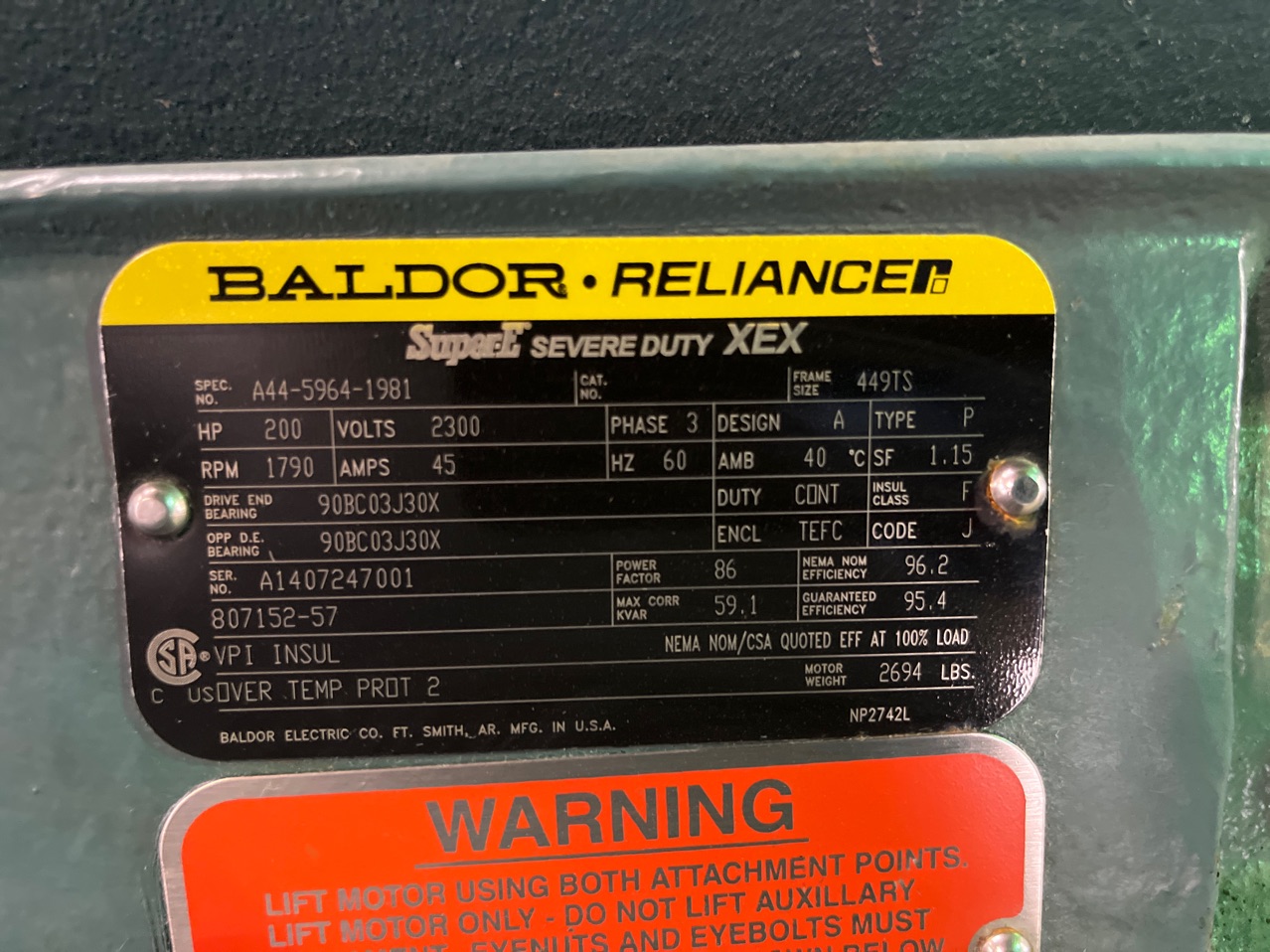 Baldor-Reliance 200 HP 1800 RPM 449TS Squirrel Cage Motors 91014