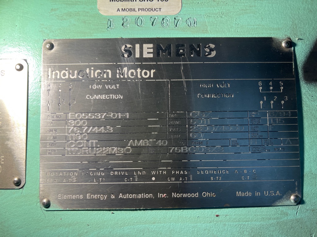 Siemens 300 HP 1200 RPM 5011 Squirrel Cage Motors 91033