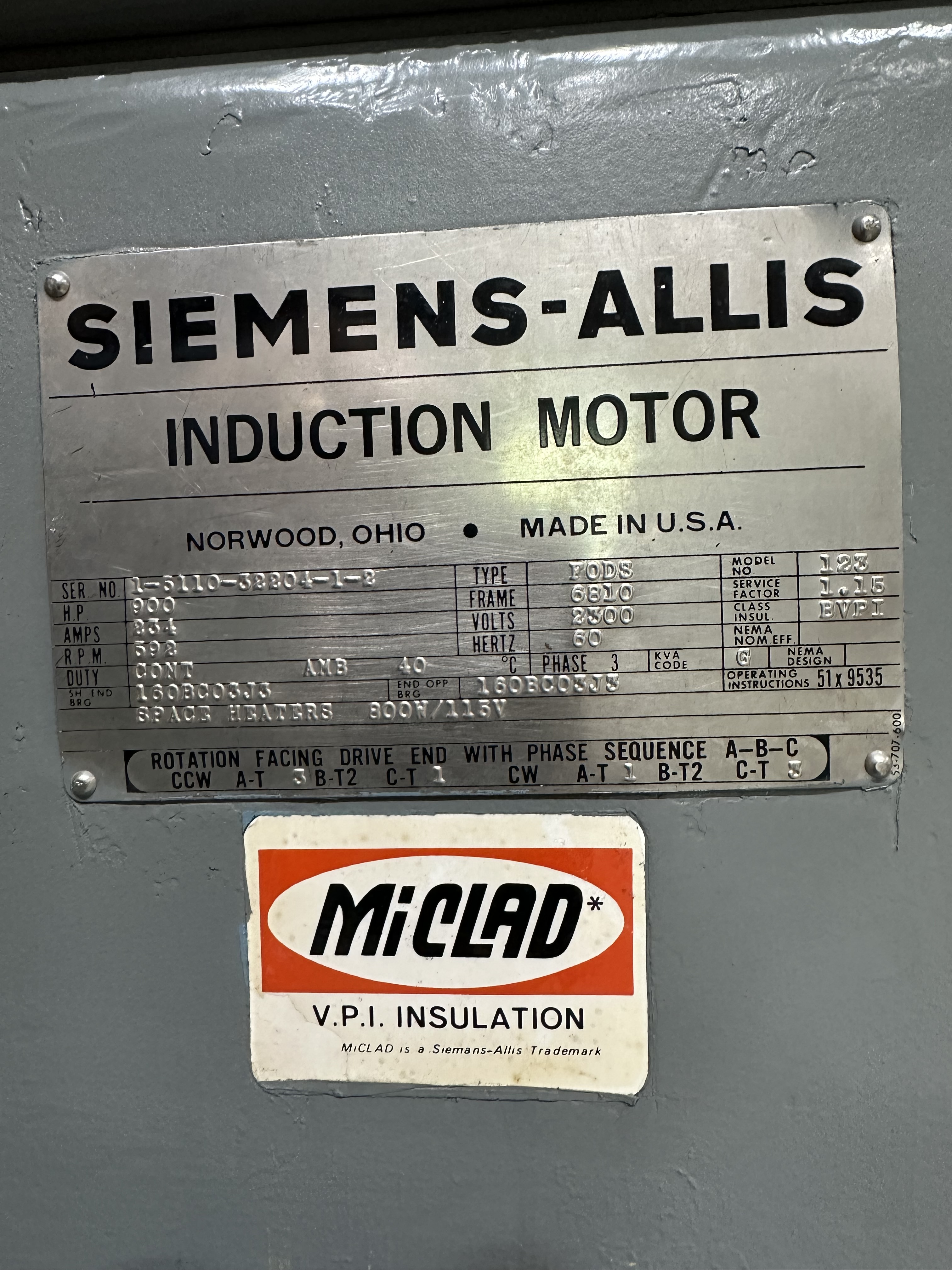 Siemens-Allis 900 HP 600 RPM 6810 Squirrel Cage Motors 91038