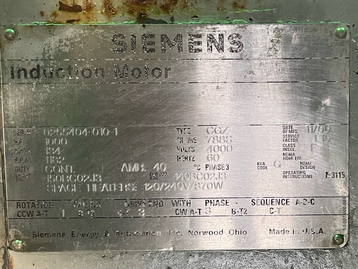 Siemens 1000 HP 1200 RPM 788S Squirrel Cage Motors 91127