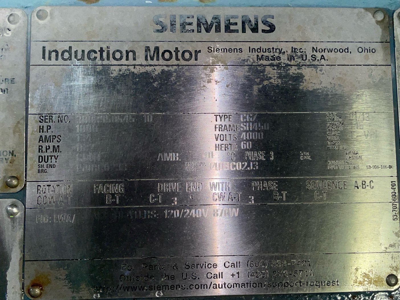 Siemens 1000 HP 1200 RPM SH450 Squirrel Cage Motors 91128