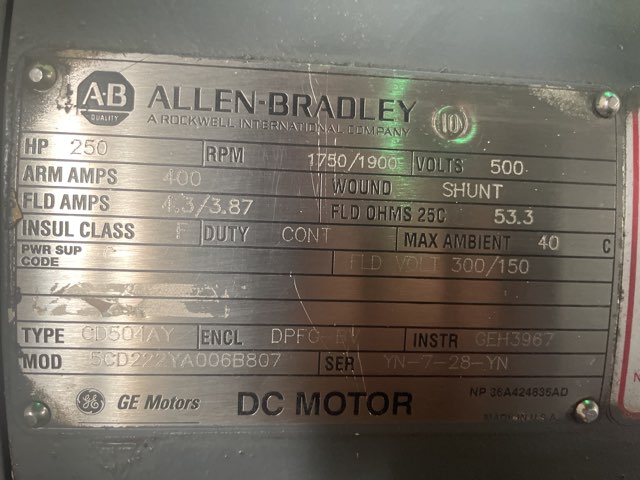 General Electric 250 HP 1750/1900 RPM 504AY DC Motors 91158