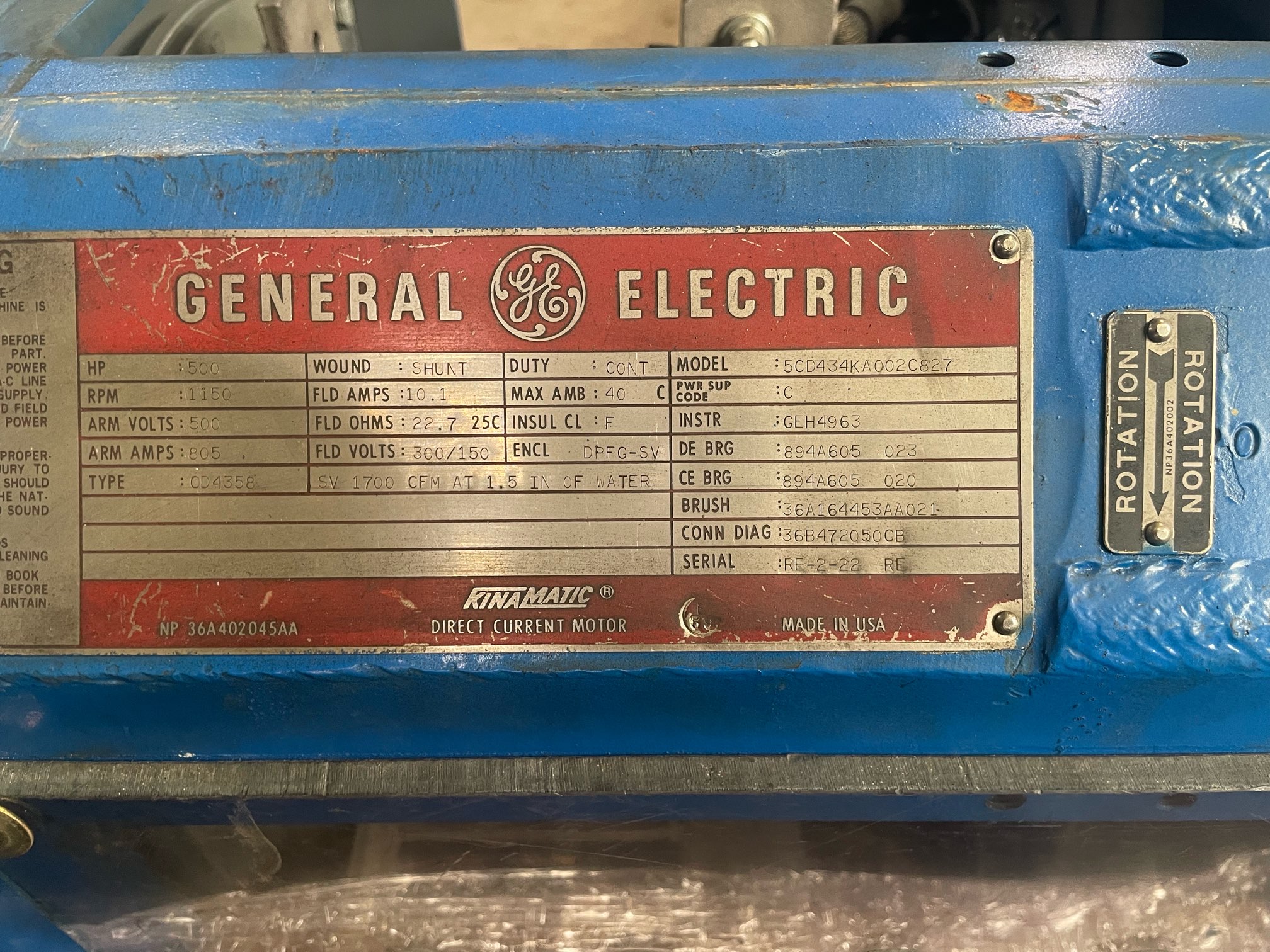 General Electric 500 HP 1150 RPM 4358 DC Motors 91161