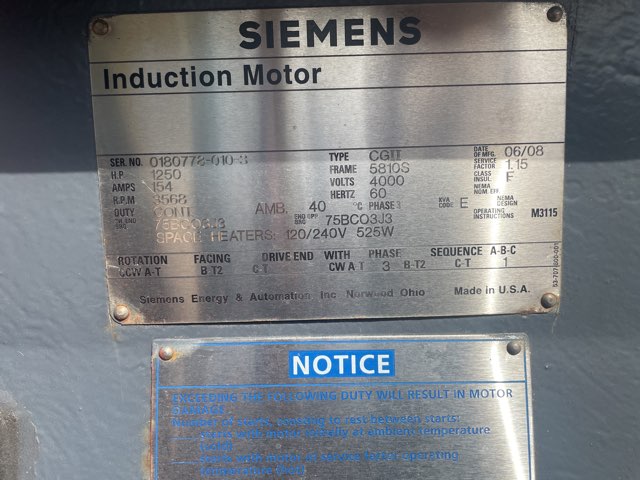 Siemens 1250 HP 3600 RPM 5810S Squirrel Cage Motors 91196