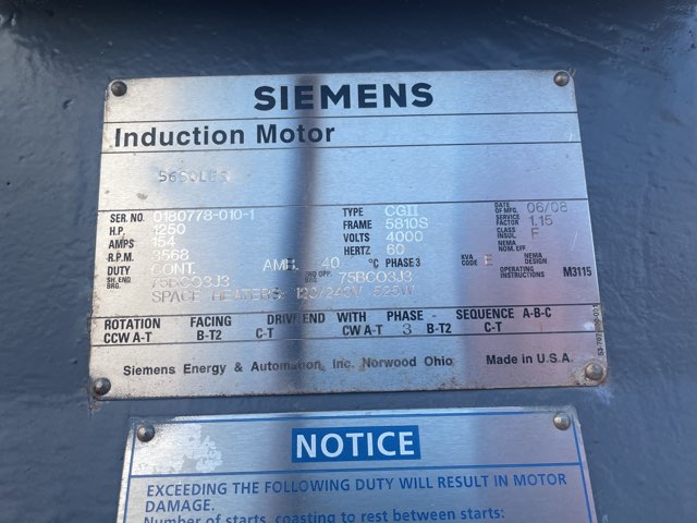 Siemens 1250 HP 3600 RPM 5810S Squirrel Cage Motors 91197