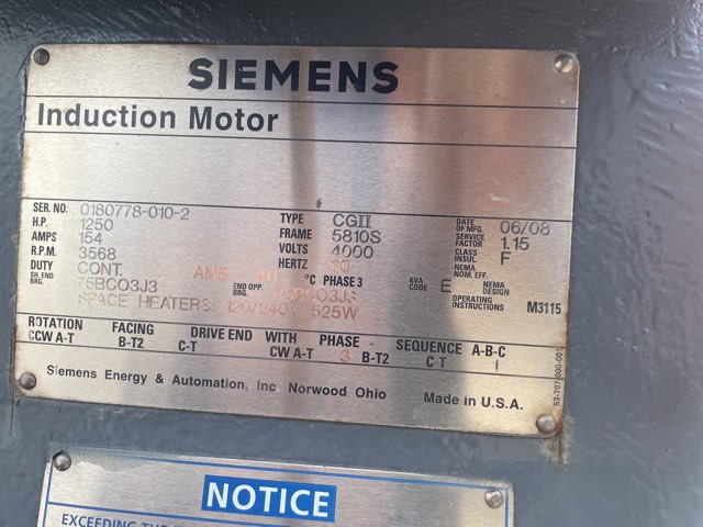 Siemens 1250 HP 3600 RPM 5810S Squirrel Cage Motors 91198