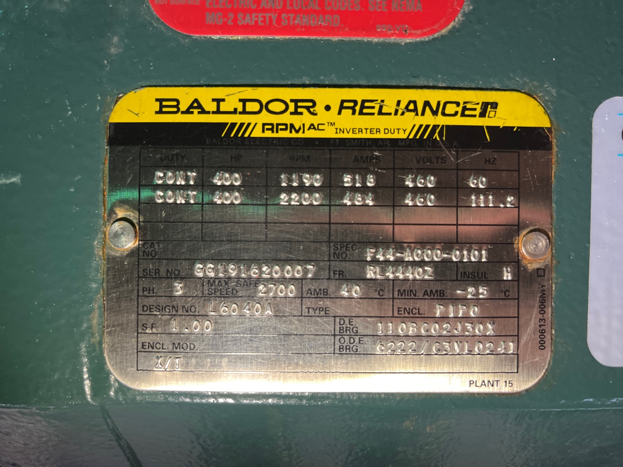 Baldor-Reliance 400 HP 1200 RPM RL4440Z Squirrel Cage Motors 91203