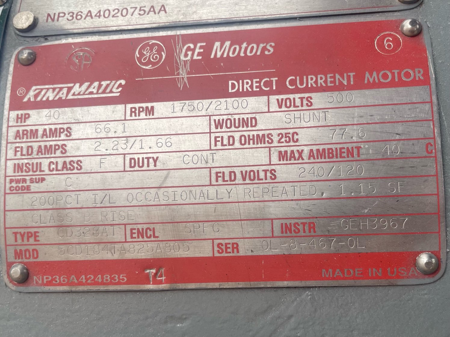 General Electric 40 HP 1750/2100 RPM 328AT DC Motors 91213