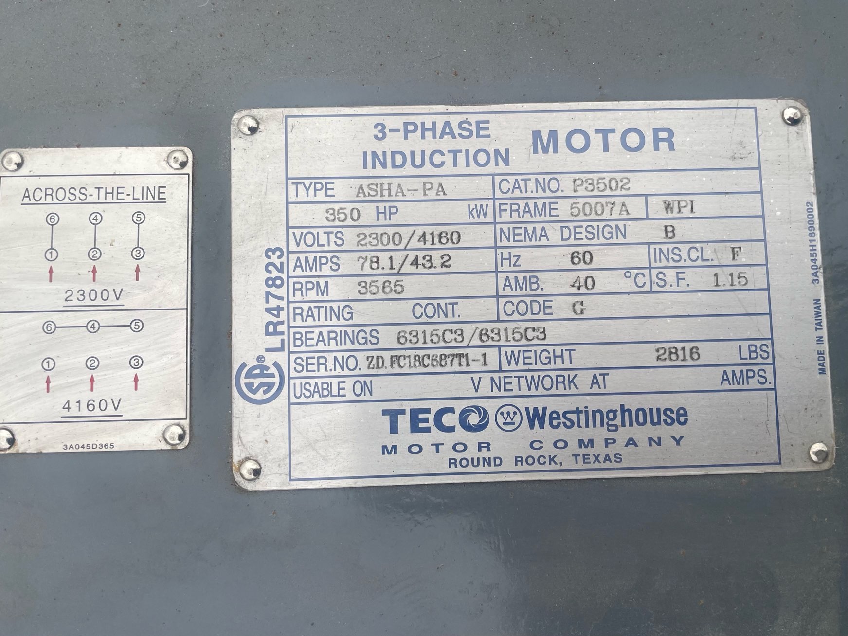 Teco Westinghouse 350 HP 3600 RPM 5007A Squirrel Cage Motors 91219