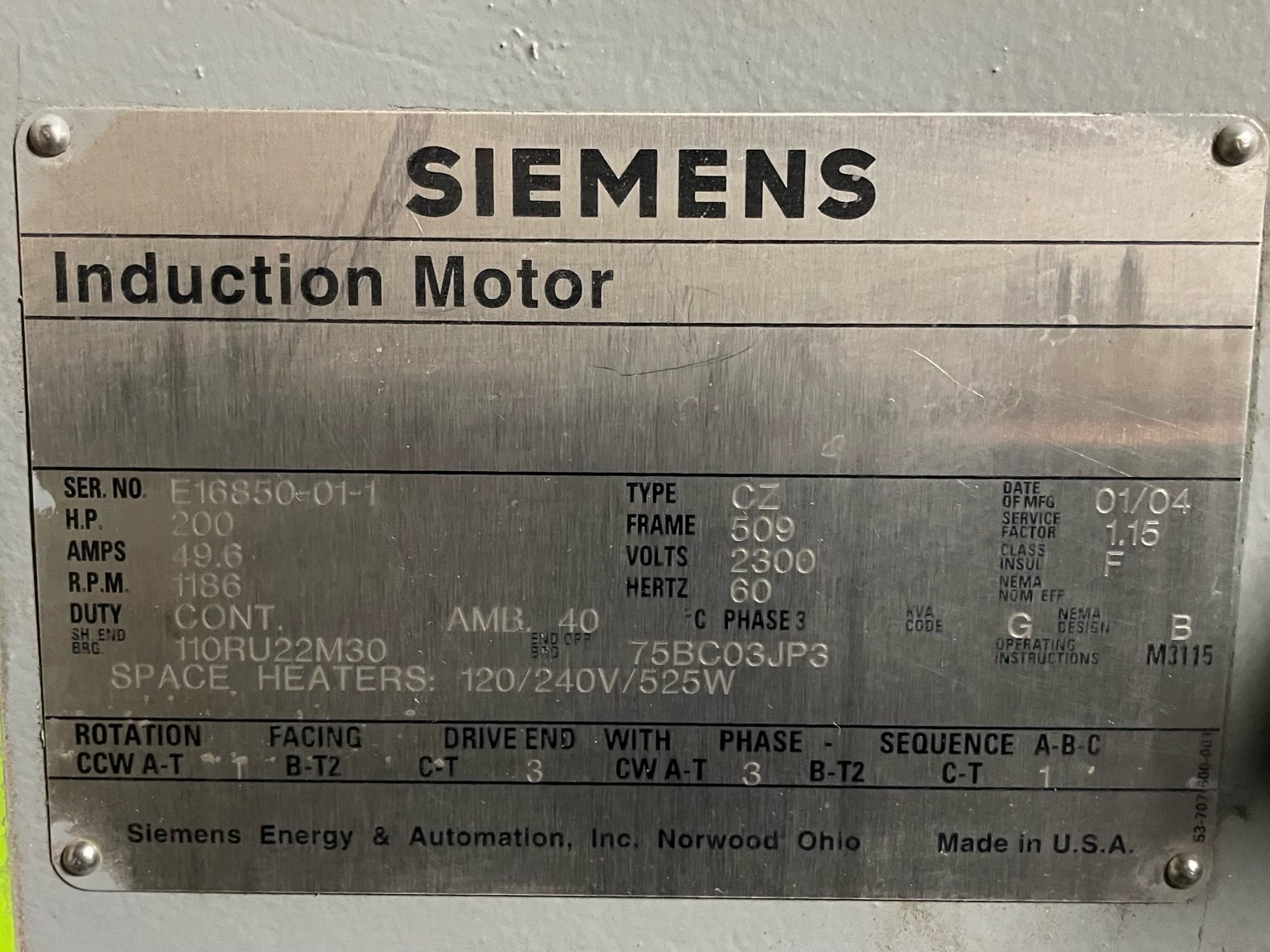 Siemens 200 HP 1200 RPM 509 Squirrel Cage Motors 91227